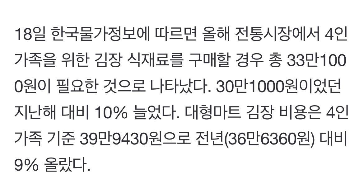 올해 4인가족 김장비용 33만1000원… 역대 최고가 | 인스티즈