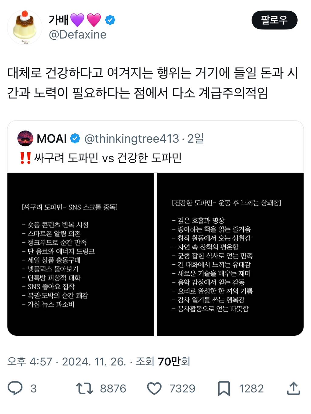 대체로 건강하다고 여겨지는 행위는 거기에 들일 돈과 시간과 노력이 필요하다는 점에서 다소 계급주의적임.twt | 인스티즈