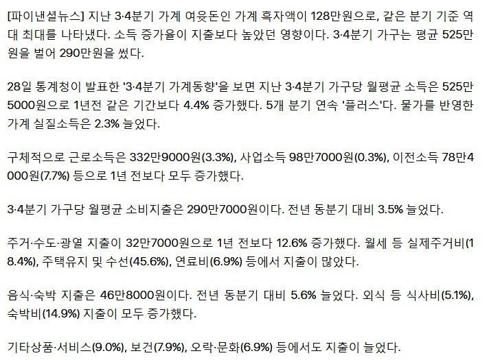 월소득 525만원 시대, 가계 흑자 '역대급'(통계청) | 인스티즈