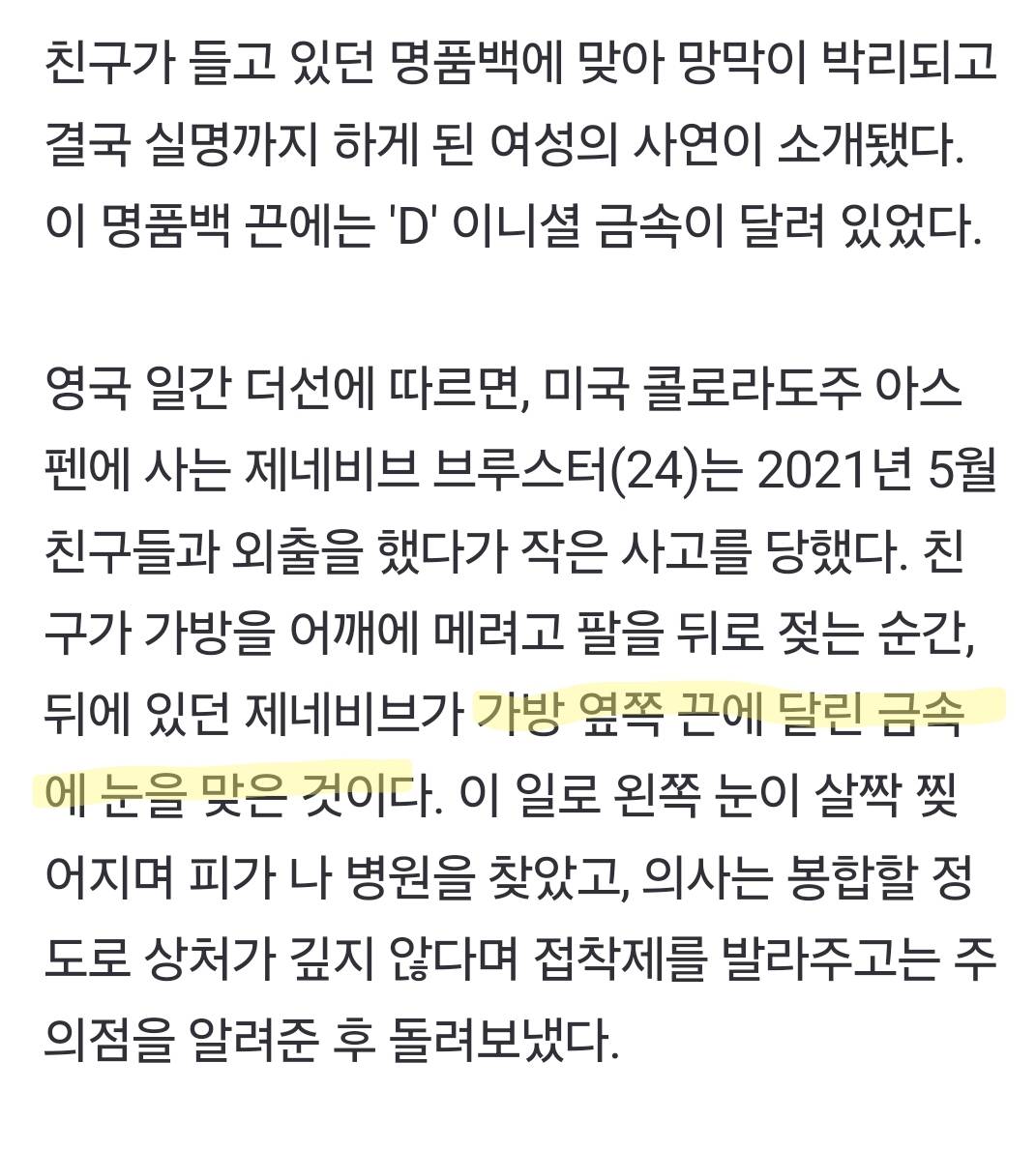 "친구 명품백 끈에 눈 맞아"...결국 실명된 女모델, 무슨 일? | 인스티즈