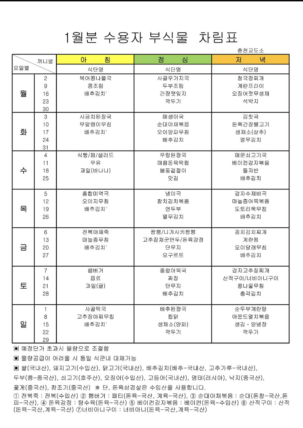 교도소와 구치소 식단표 | 인스티즈