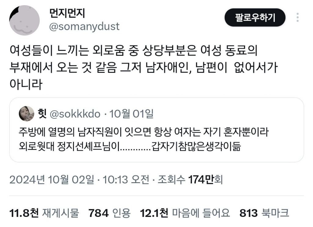 여성들이 느끼는 외로움 중 상당부분은 남친, 남편이 없어서가 아니라.twt | 인스티즈