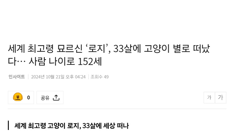 세계 최고령 묘르신 '로지', 33살에 고양이 별로 떠났다… 사람 나이로 152세 | 인스티즈