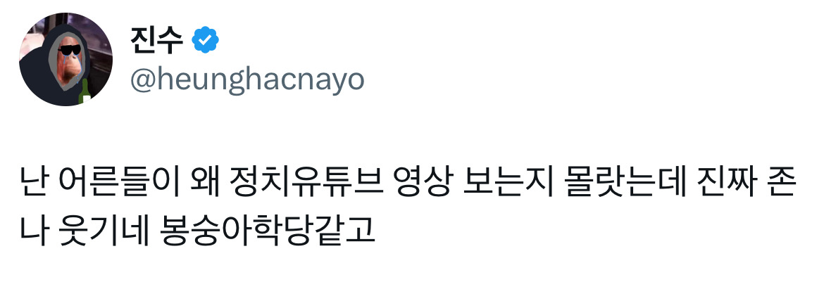 난 어른들이 왜 정치유튜브 영상 보는지 몰랏는데 진짜 정말 웃기네 봉숭아학당같고.twt | 인스티즈