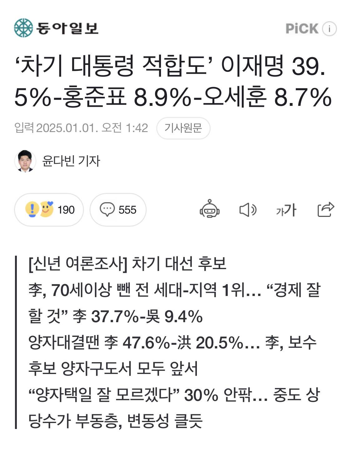 '차기 대통령 적합도' 이재명 39.5%-홍준표 8.9%-오세훈 8.7% | 인스티즈