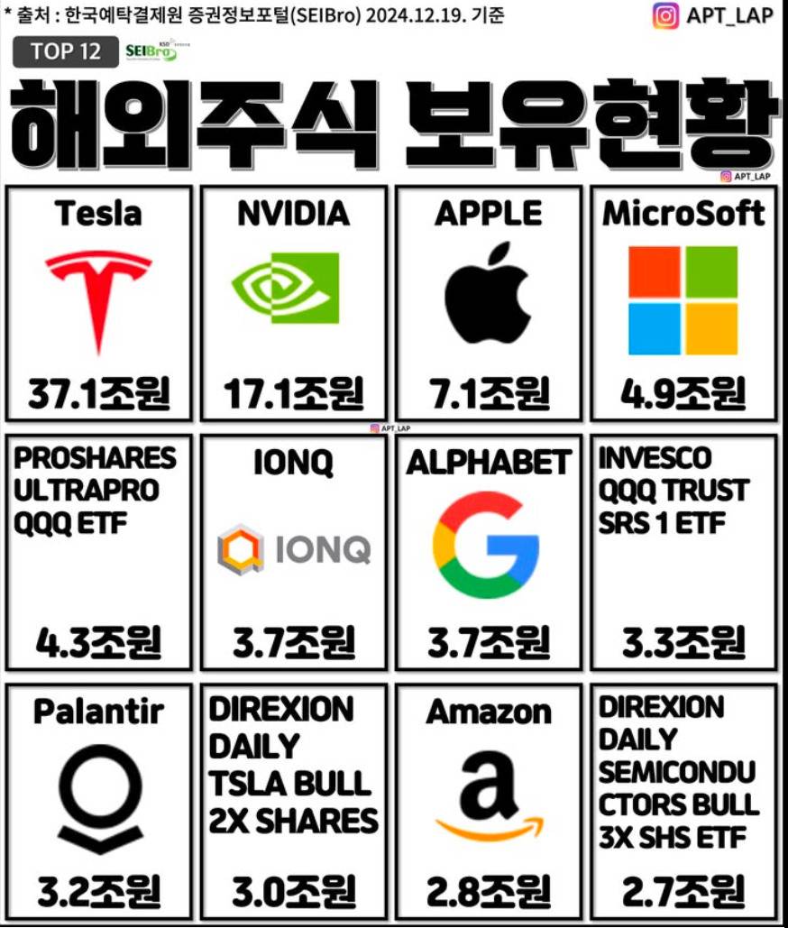 한국인 미국주식 보유현황 TOP12 | 인스티즈