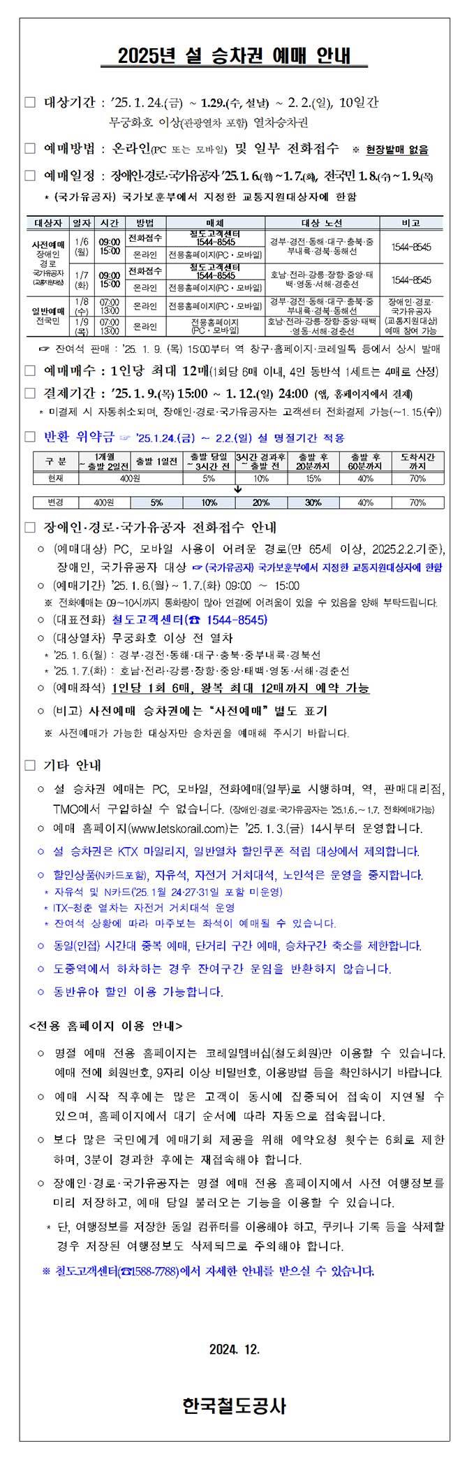 2025 KTX 설 승차권 예약안내+설명절기간 환불위약금 강화 | 인스티즈