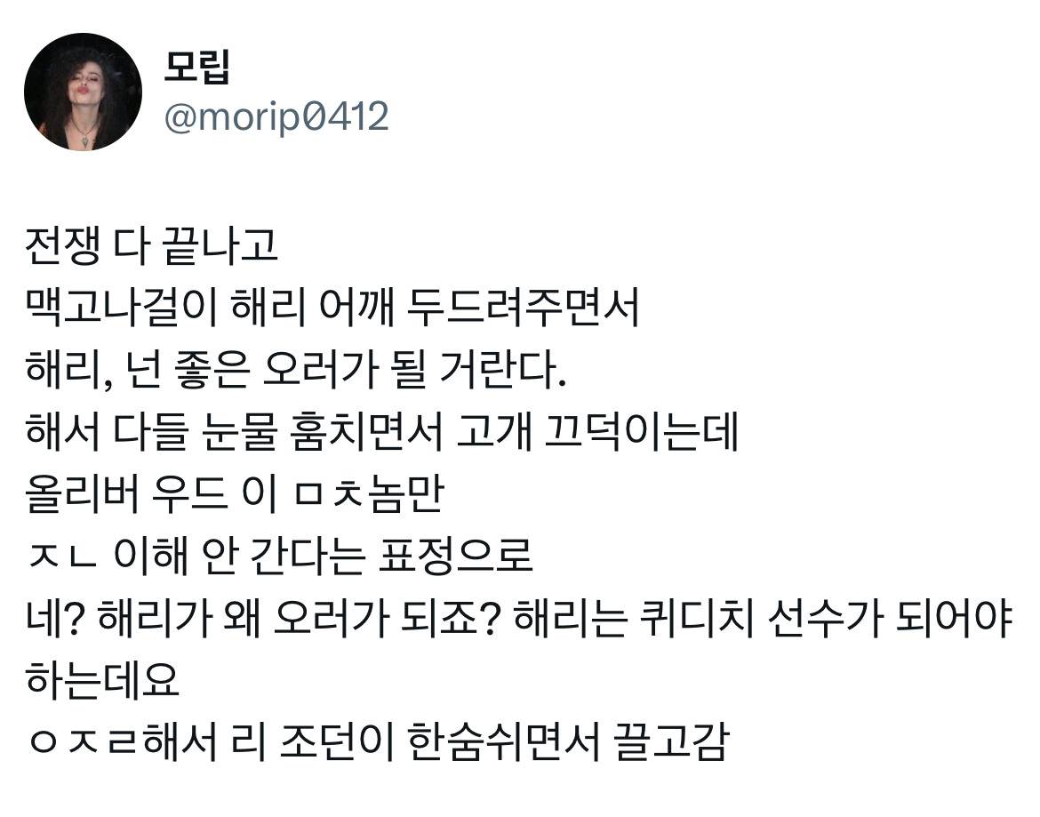 해리포터 캐릭터들 하나하나 너무 입체적이고 어떤 말로 표현하기에 어려운데 오직 올리버 우드만이.twt | 인스티즈