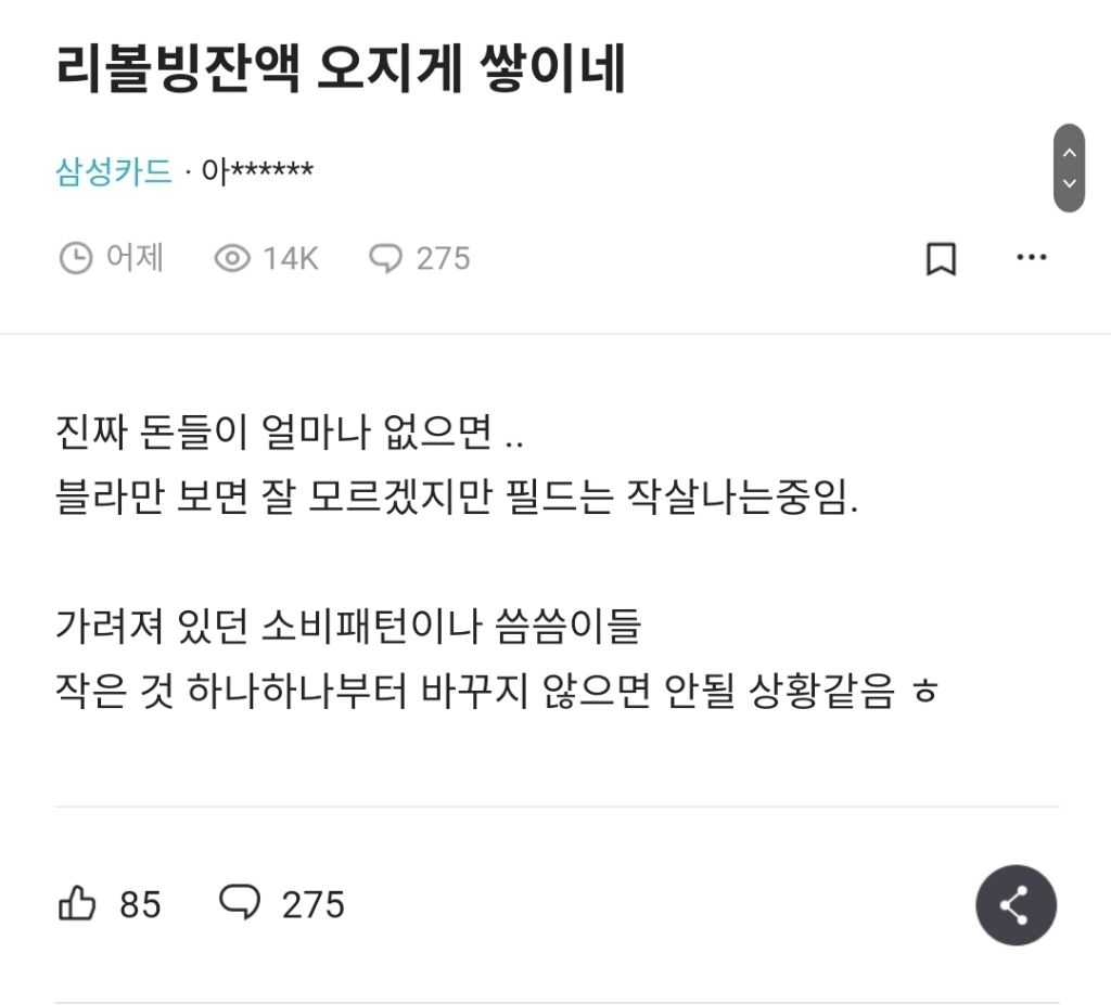 요새 리볼빙 잔액 쌓이는거 이런식으로 소비하는 사람들 많아져서 인거같음 | 인스티즈