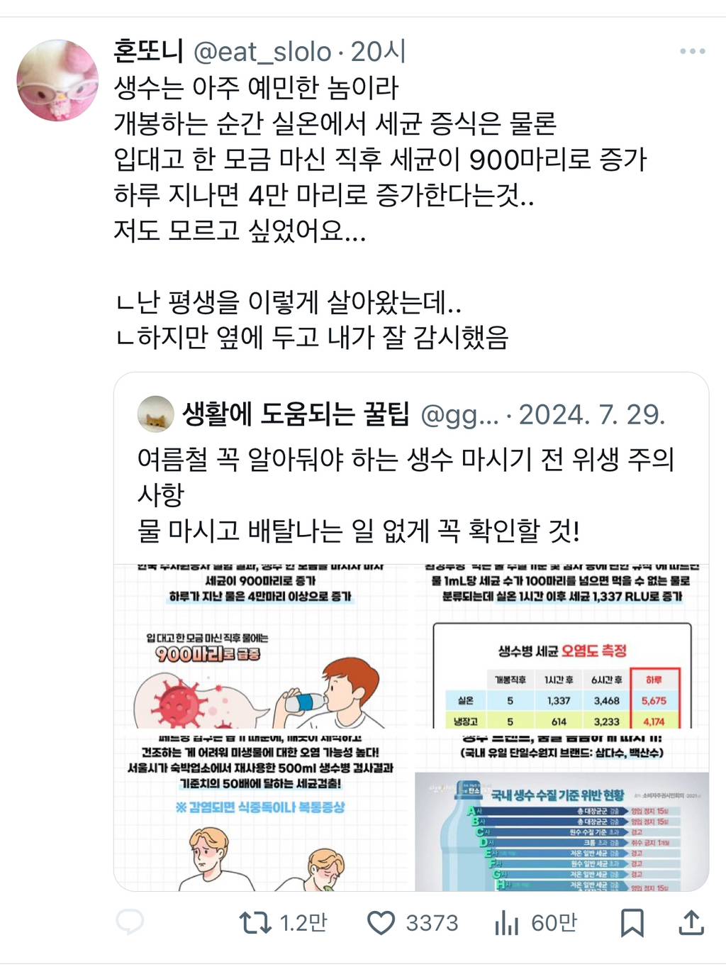 생수는 아주 예민한 놈이라 개봉하는 순간 실온에서 세균 증식은 물론 입대고 한 모금 마신 직후 세균이 900마리로 증가...twt | 인스티즈