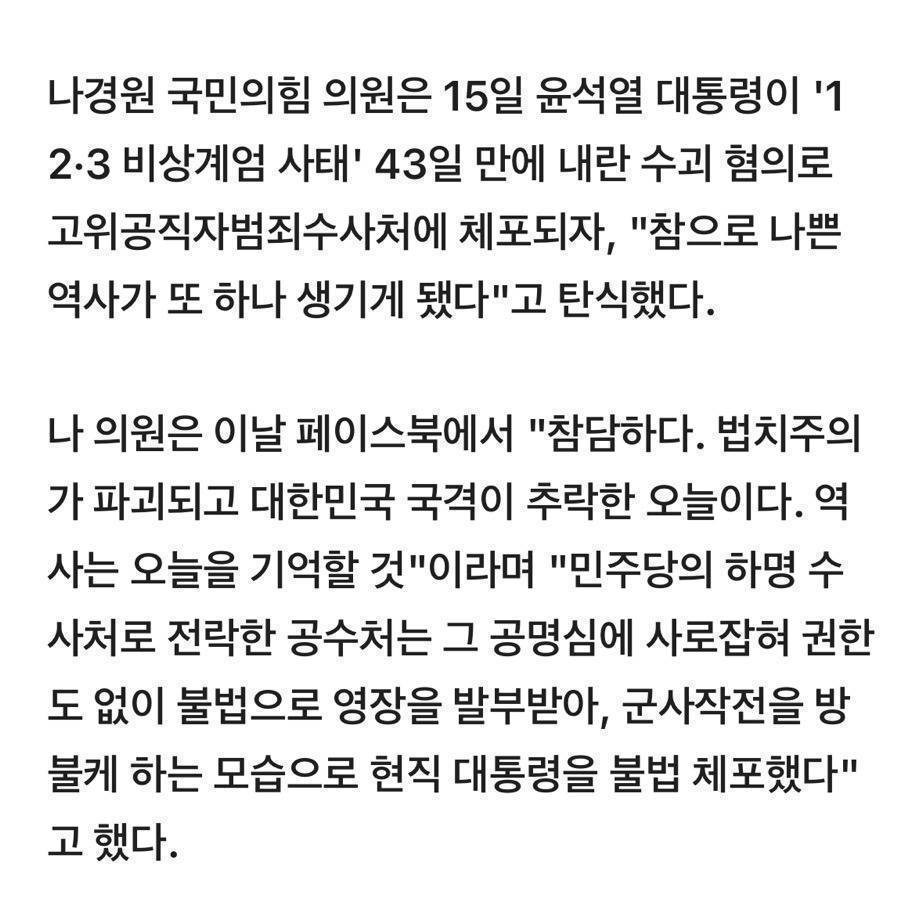 나경원 "대한민국 국격 추락…참 나쁜 역사 또 생겼다" | 인스티즈