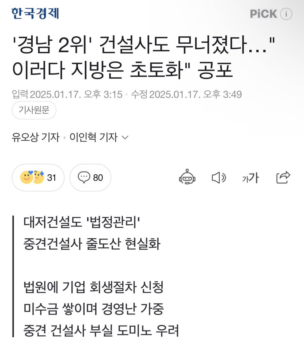 '경남 2위' 건설사도 무너졌다…"이러다 지방은 초토화" 공포 | 인스티즈