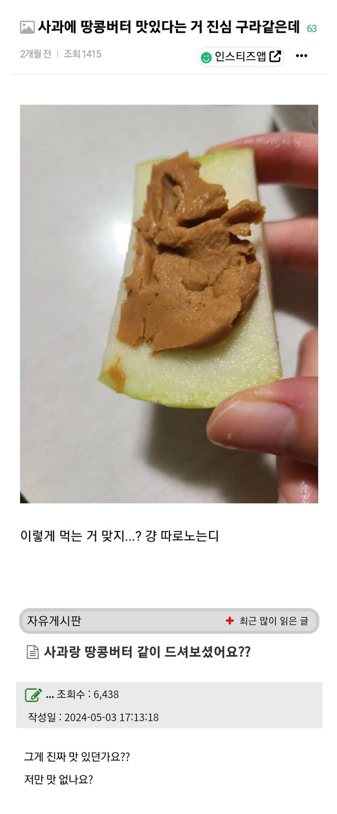 사과에 땅콩버터 맛있다는 거 진심 구라같은데 | 인스티즈