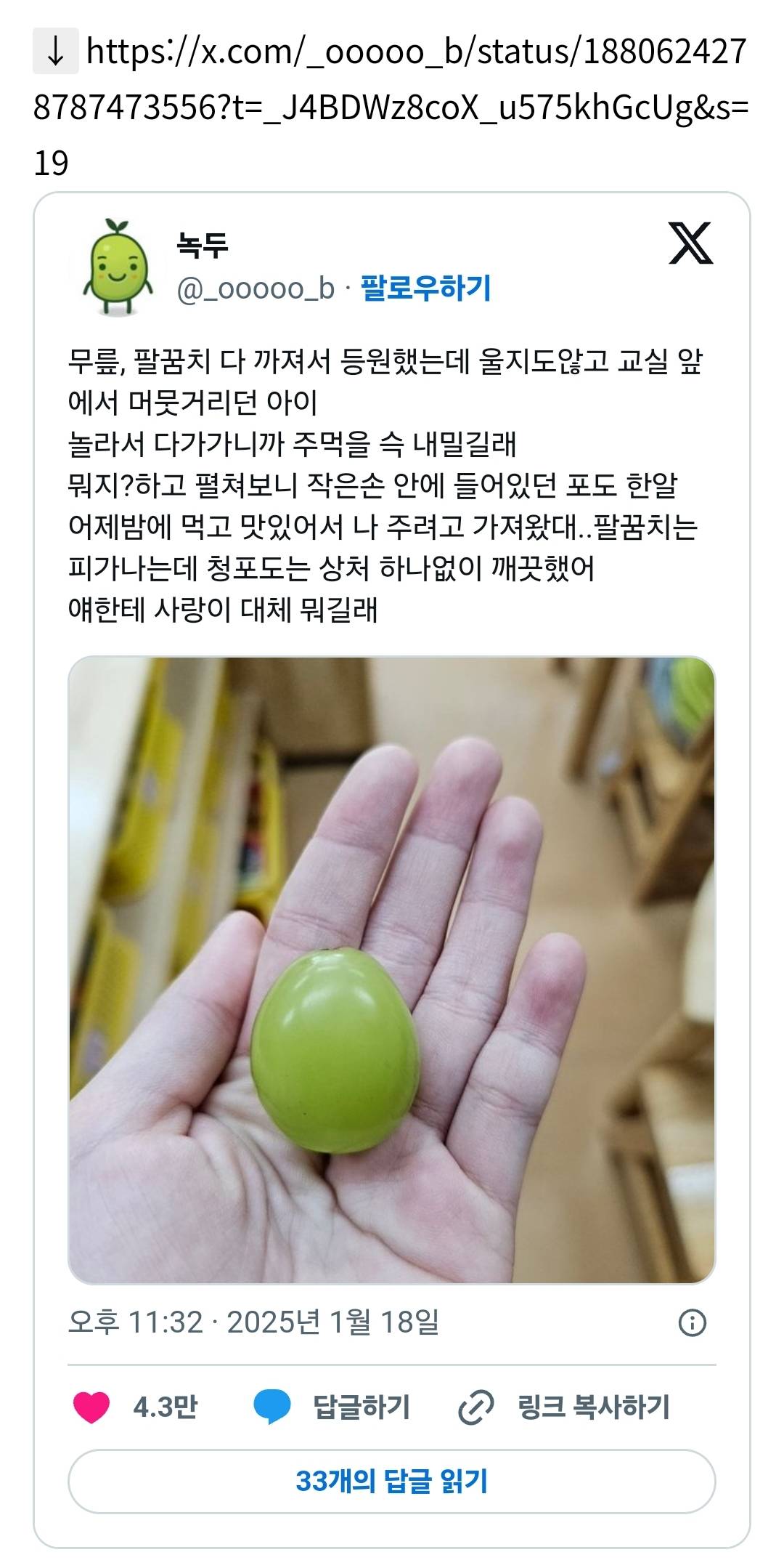 무릎, 팔꿈치 다 까져서 등원했는데 울지도않고 교실 앞에서 머뭇거리던 아이가 주먹을 슥 내밀어서 준 것.twt | 인스티즈