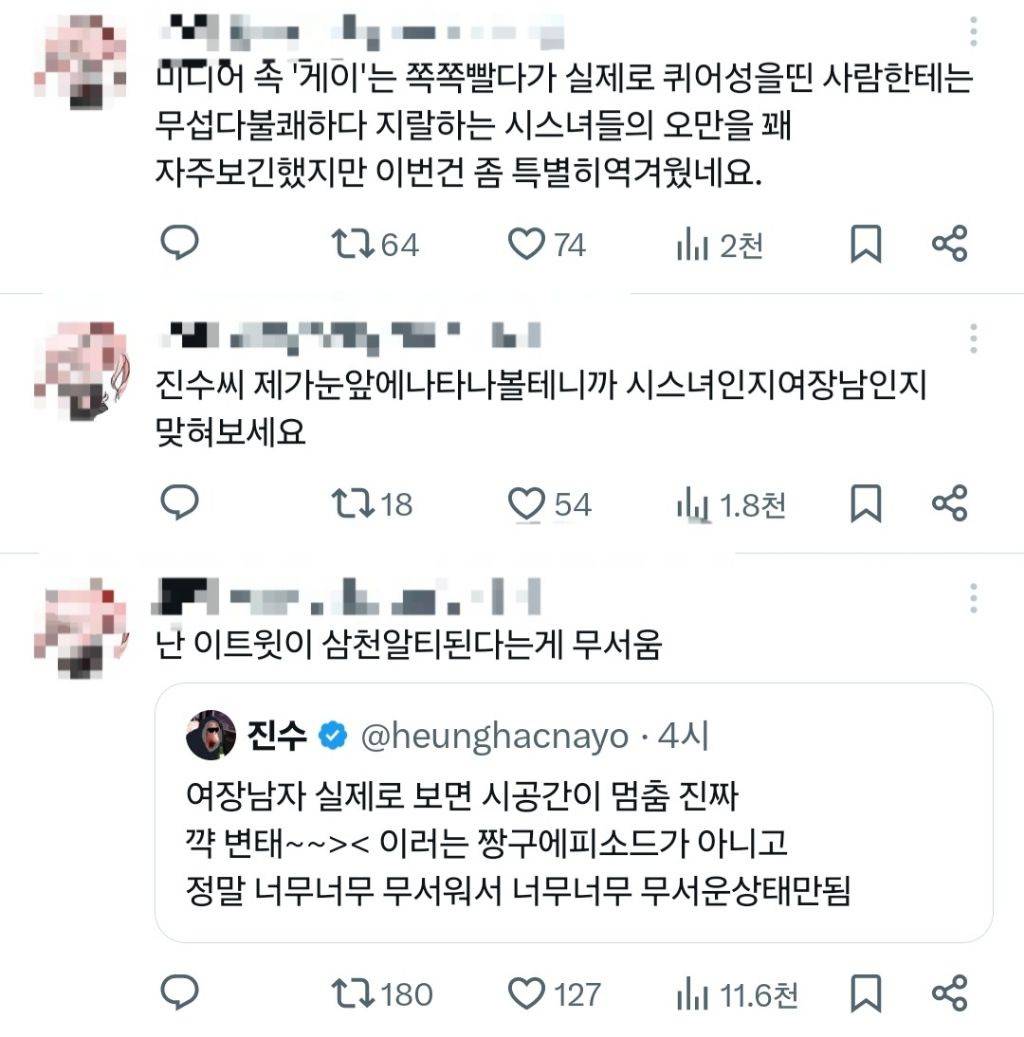 여장남자 무섭다고 트윗했다가 싸불당하고 트윗 지운 진수 | 인스티즈