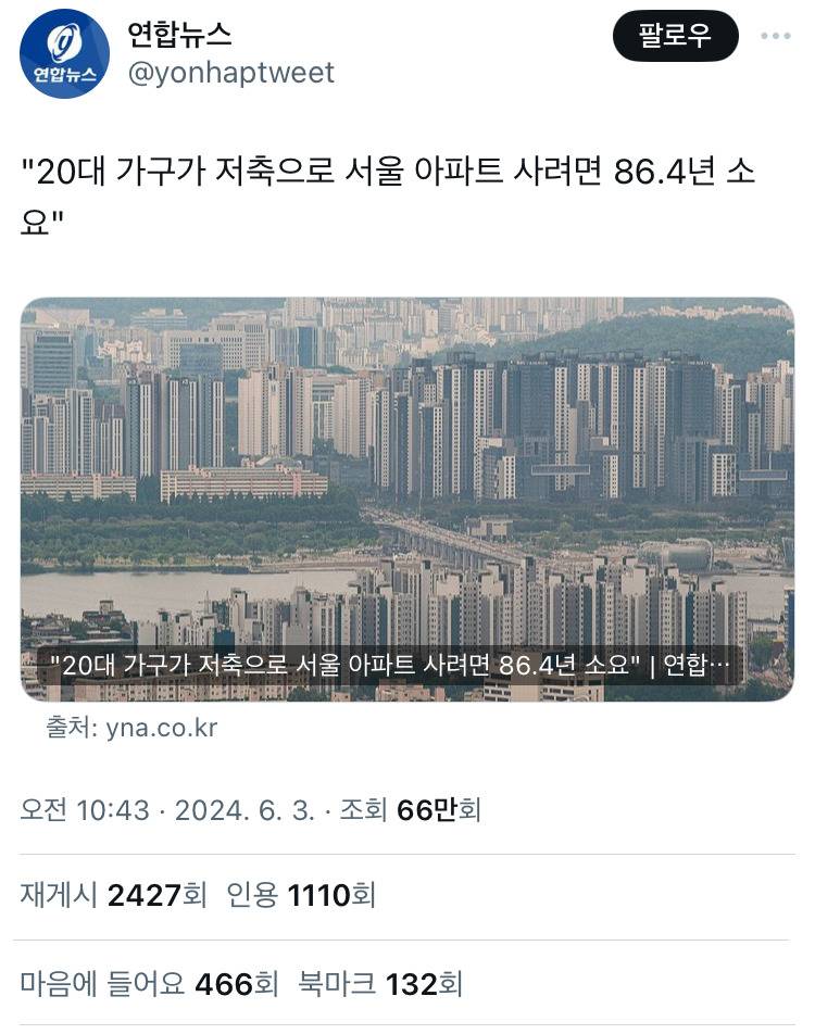 "20대 가구가 저축으로 서울 아파트 사려면 86.4년 소요" | 인스티즈