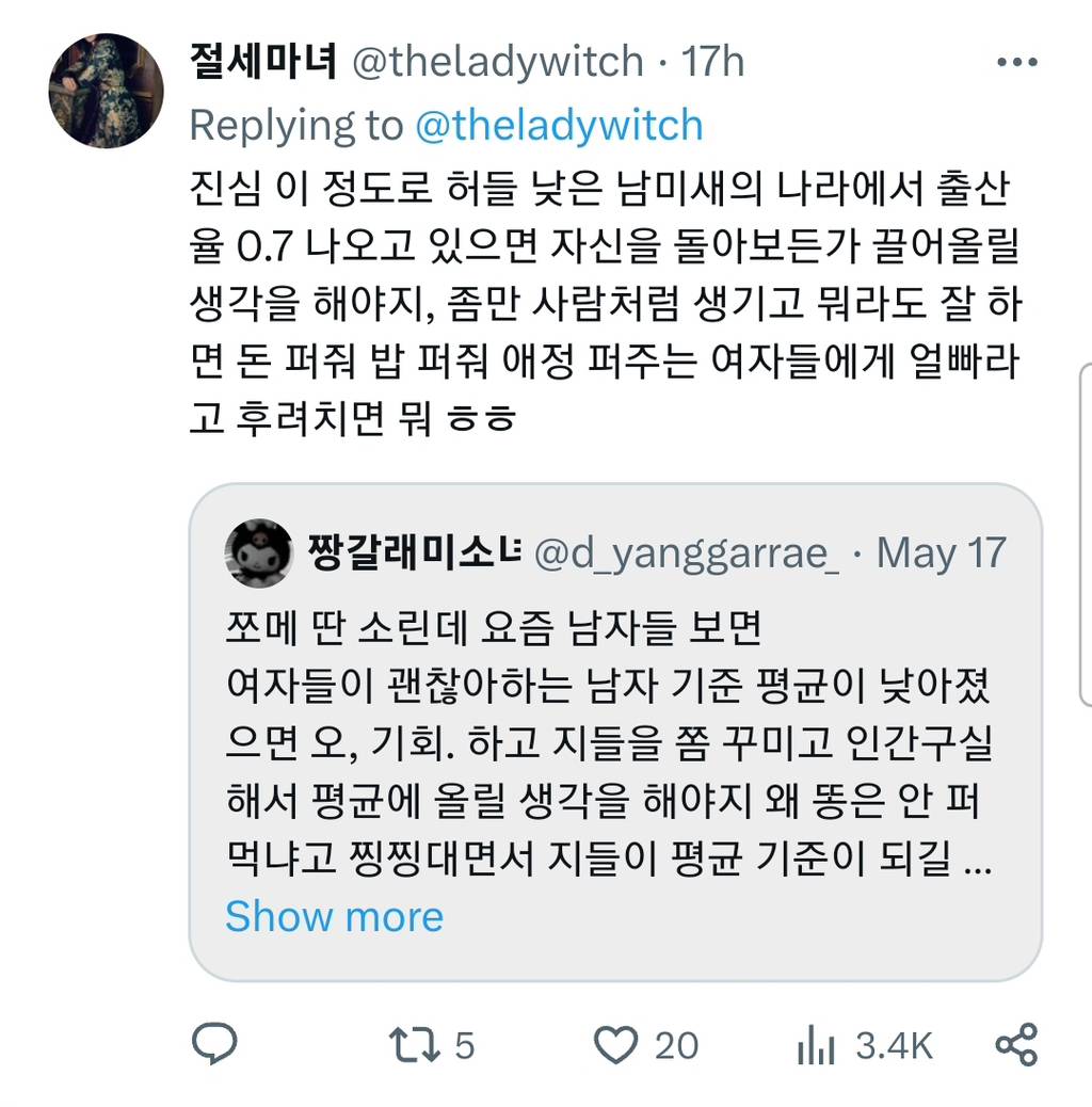 여자들이 괜찮아하는 남자 기준 평균이 낮아졌으면 오,기회.하고 지들을 쫌 꾸미고 인간구실 해서 평균에 올릴 생각 해야지.twt | 인스티즈