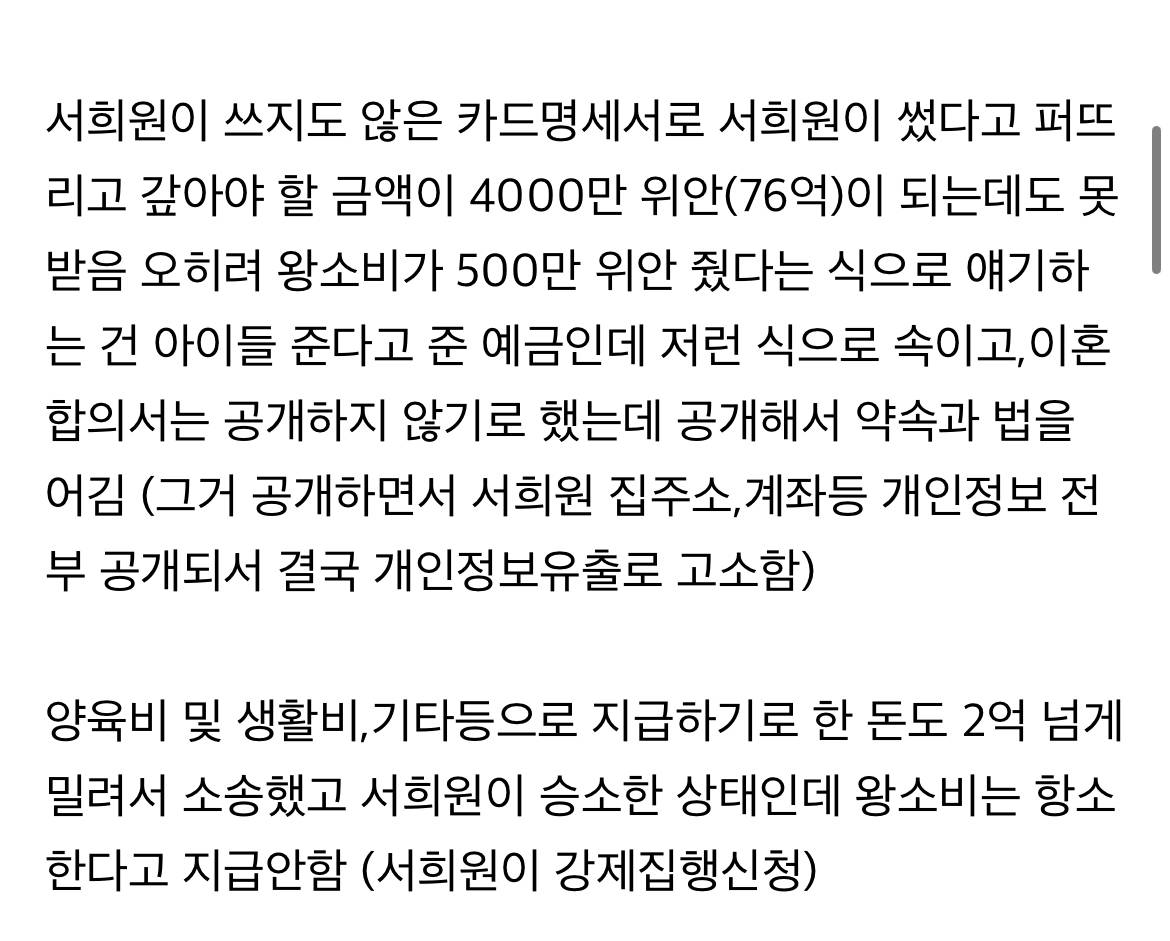 알고보니 서희원에게 76억 빌리고 안갚고,양육권도 본인이 먼저 포기했다는 왕소비(전남편) | 인스티즈