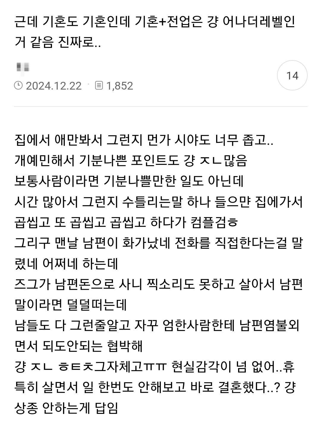 근데 기혼도 기혼인데 기혼+전업은 걍 어나더레벨인거 같음 진짜로.. | 인스티즈