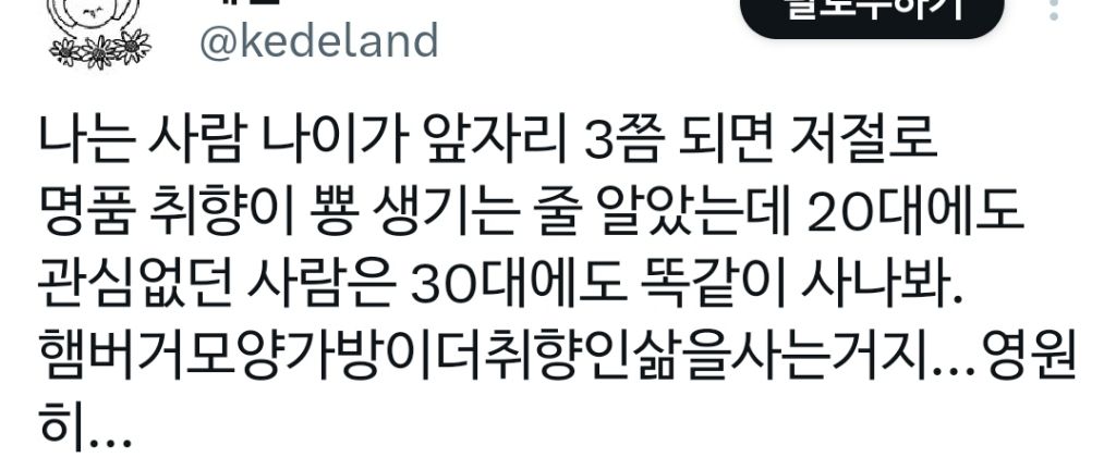 사람 나이가 앞자리 3쯤 되면 저절로 명품 취향이 뿅 생기는 줄 알았는데.twt | 인스티즈