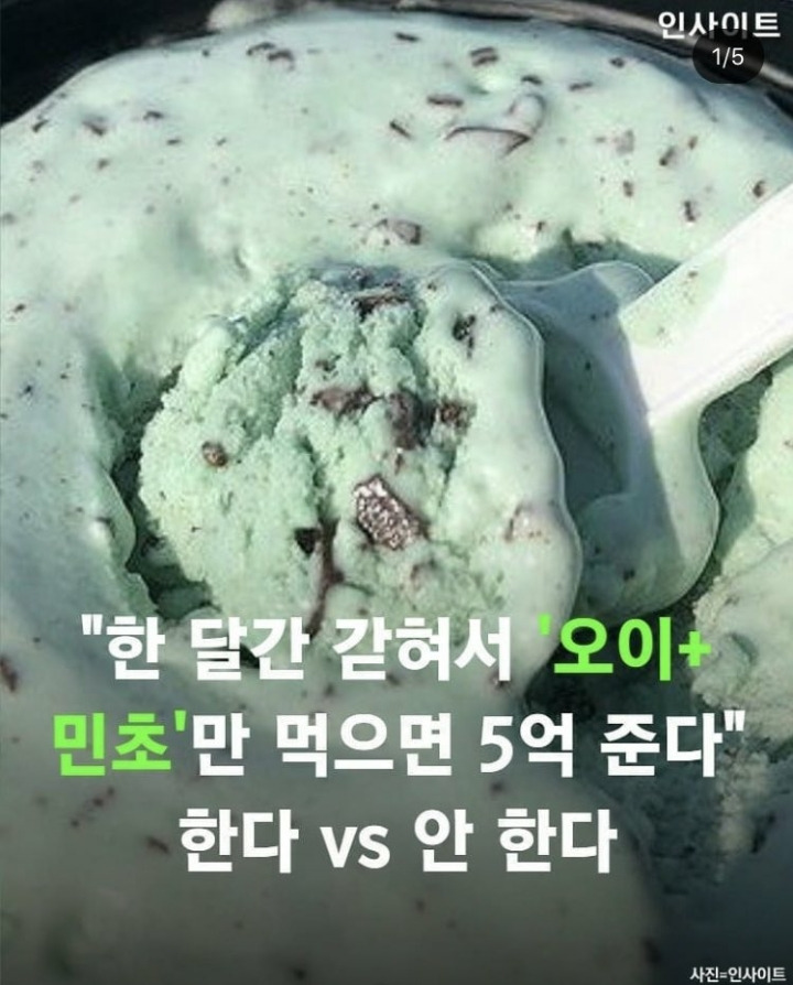  한 달간 갇혀서 오이+민트만 먹으면 5억 준다면 한다vs안 한다