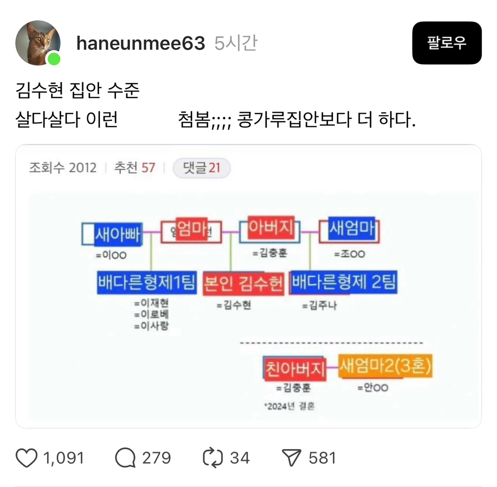 쓰레드에서 핫한 김수현 집안 관계도 | 인스티즈