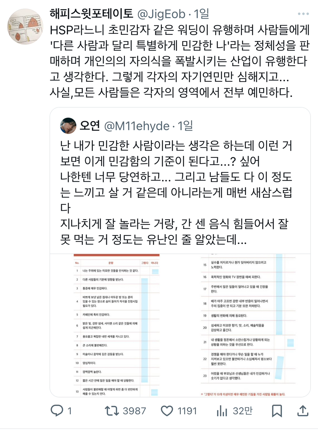 HSP라느니 초민감자 같은 워딩이 유행하며 사람들에게 '다른 사람과 달리 특별하게 민감한 나'라는 정체성을 판매하며.twt | 인스티즈