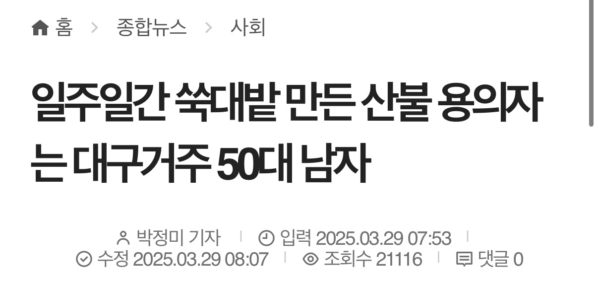 일주일간 쑥대밭 만든 산불 용의자는 대구거주 50대 남자 | 인스티즈