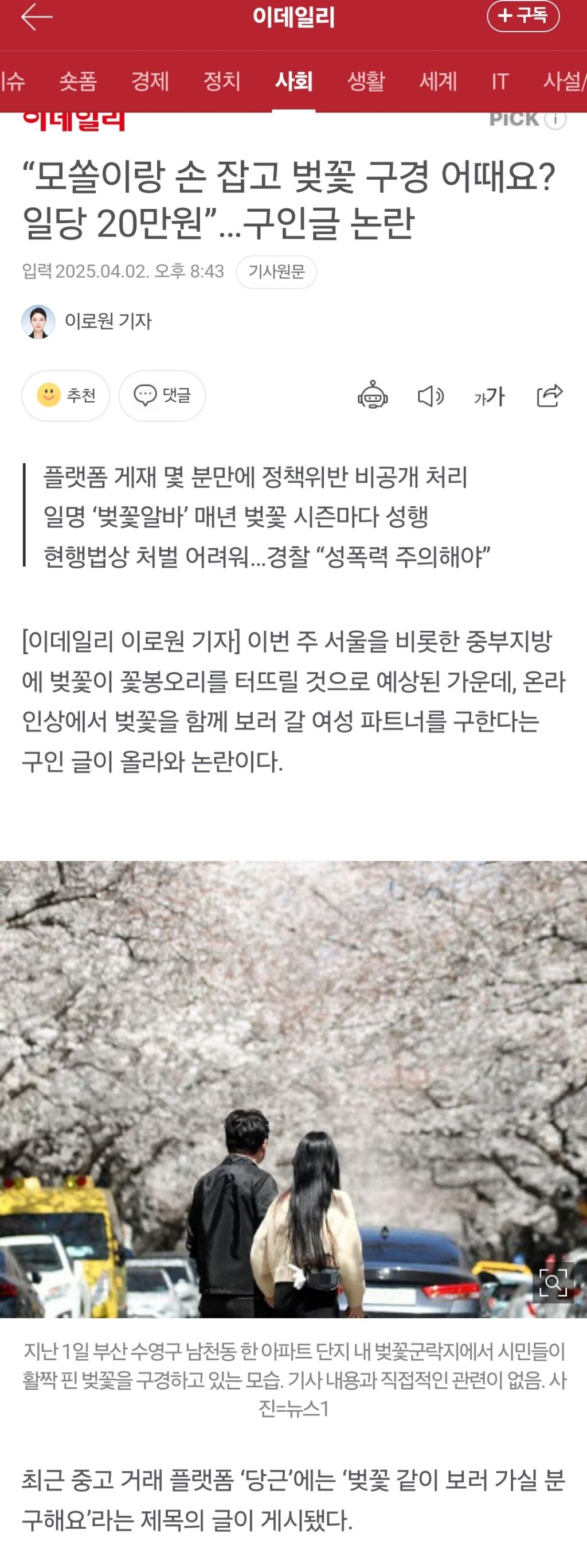 "모쏠이랑 손 잡고 벚꽃 구경 어때요? 일당 20만원”…구인글 논란 | 인스티즈