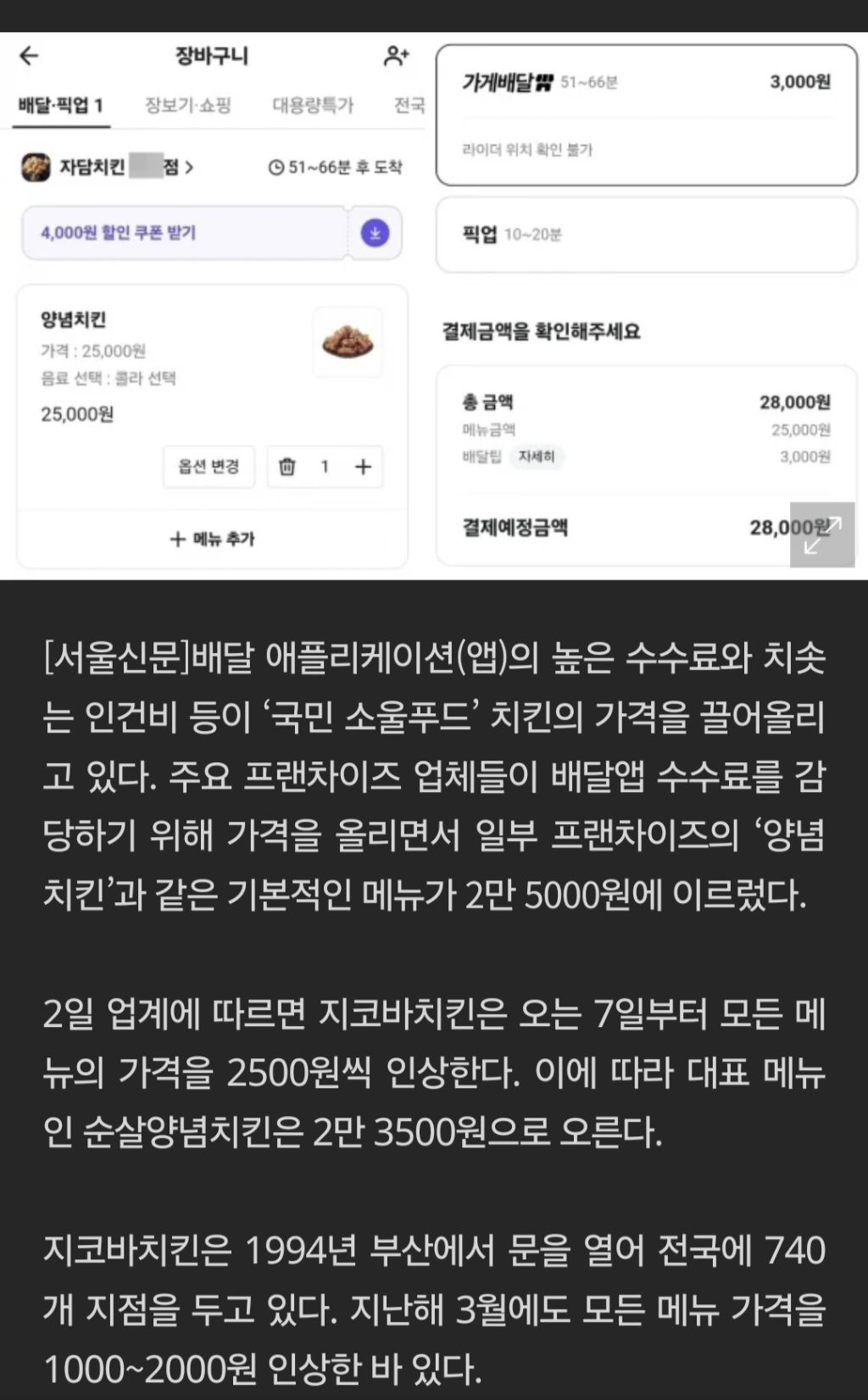 배달앱으로 양념치킨 주문하면 2만8000원 | 인스티즈