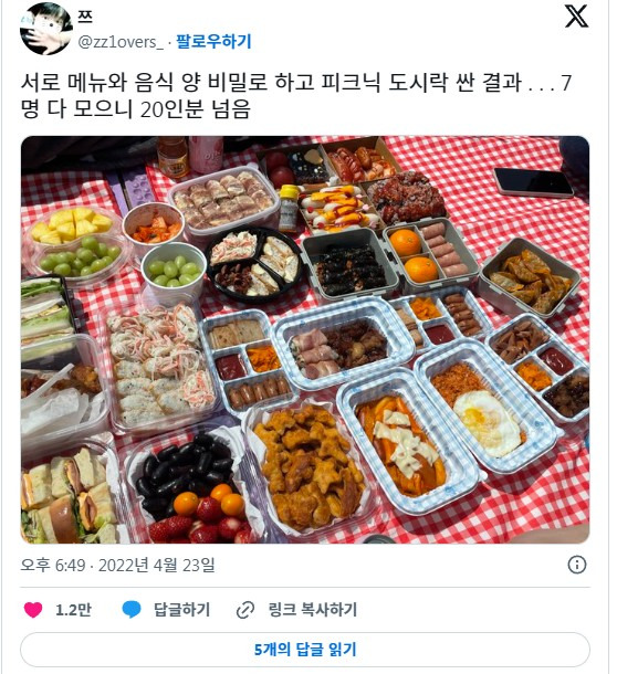  친구들끼리 서로 메뉴와 음식 양 비밀로 하고 피크닉 도시락 싼 결과.twt