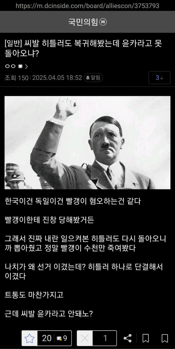 국힘갤러: 우리도 히틀러처럼 다시 집권하자(YOON AGAIN RESET KOREA) | 인스티즈