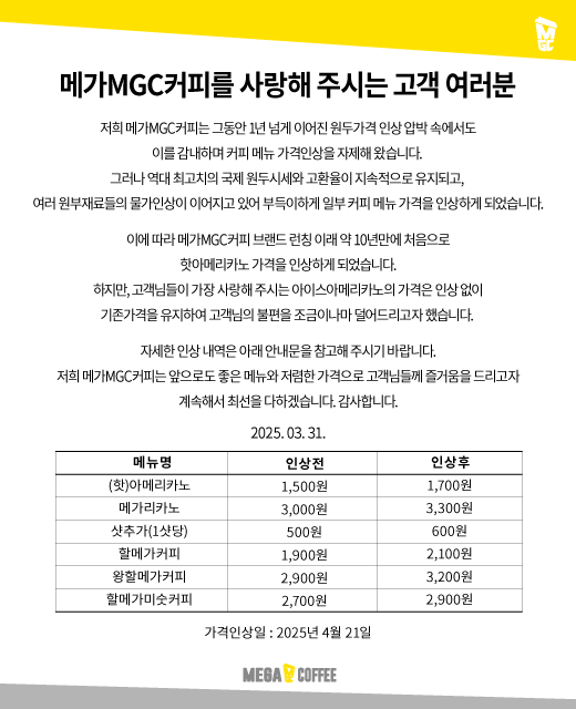 메가커피 가격 인상 (4월 21일부터 적용) | 인스티즈