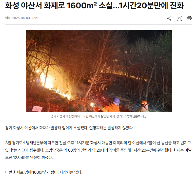 화성 야산서 화재로 1600㎡ 소실…1시간20분만에 진화 | 인스티즈