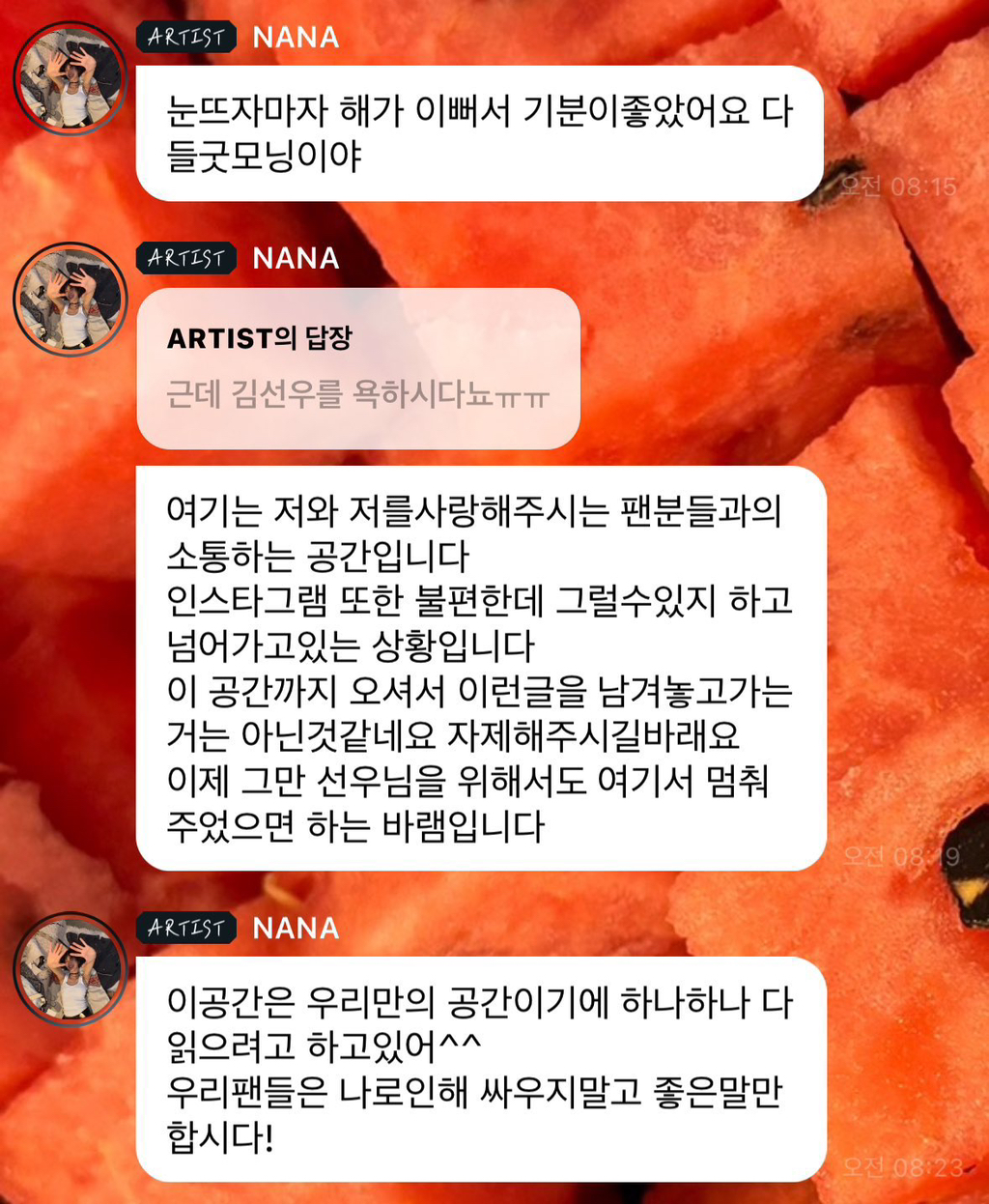 나나 "선우를 위해서라도 그만”···더보이즈 팬덤 추태에 응수 | 인스티즈