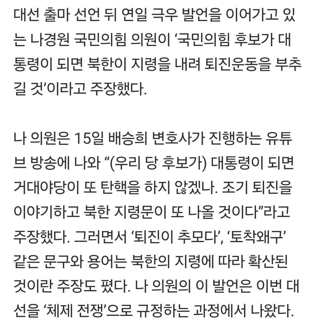 나경원의 극우 회로 "국힘 대통령 나오면 북한이 조기퇴진 지령 내릴 것” | 인스티즈