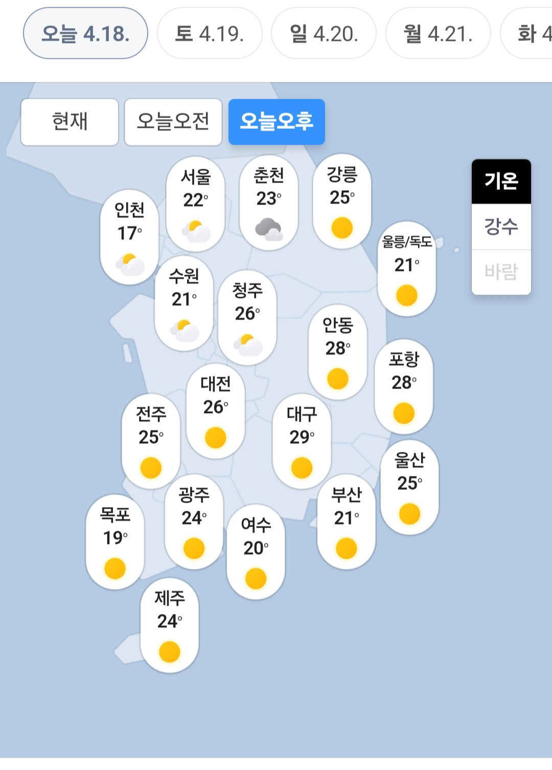  오늘 낮 기온 29도 예상인 대구