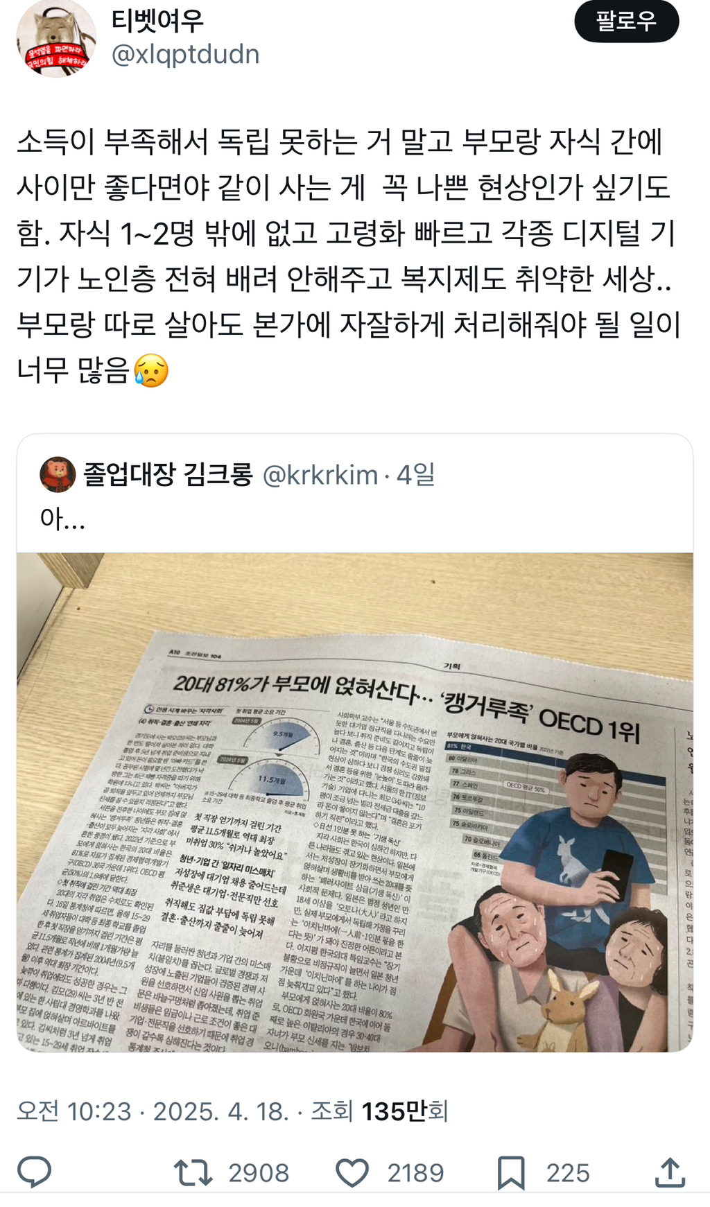  20대 80퍼가 부모에 얹혀산다.twt