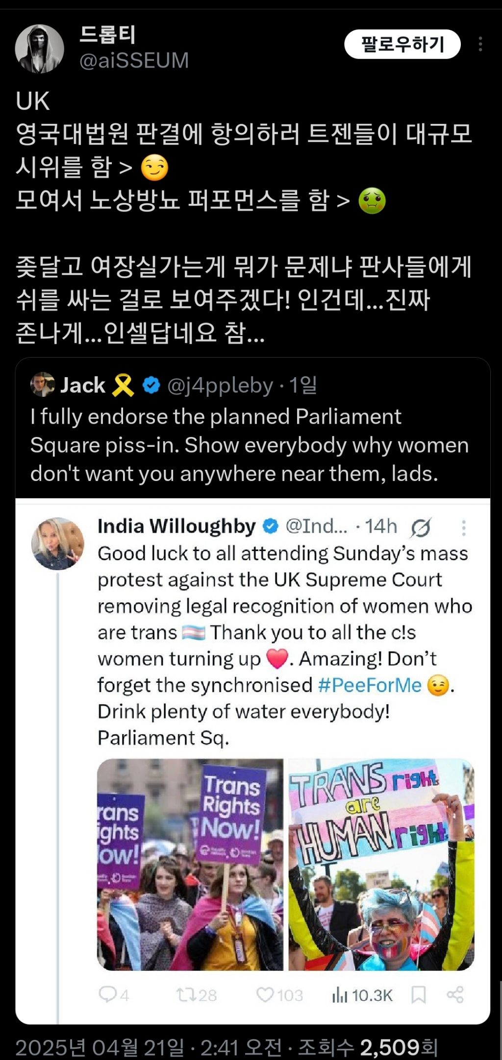  생물학적 여성만 여성이라는 판결에 항의하는 트젠들의 시위방식2
