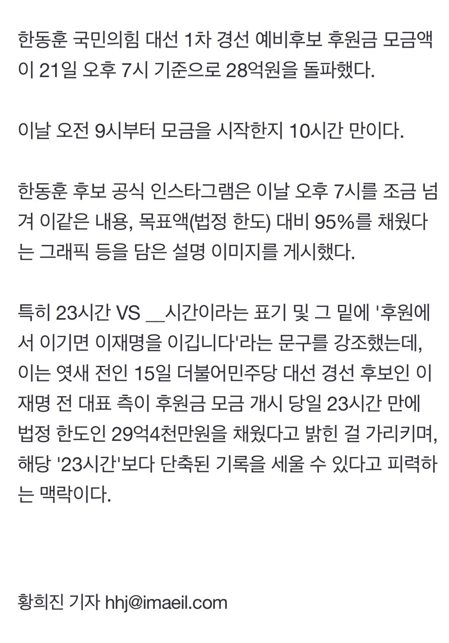 한동훈 후원금 10시간 만 28억 "이재명 23시간 기록 깰듯" | 인스티즈