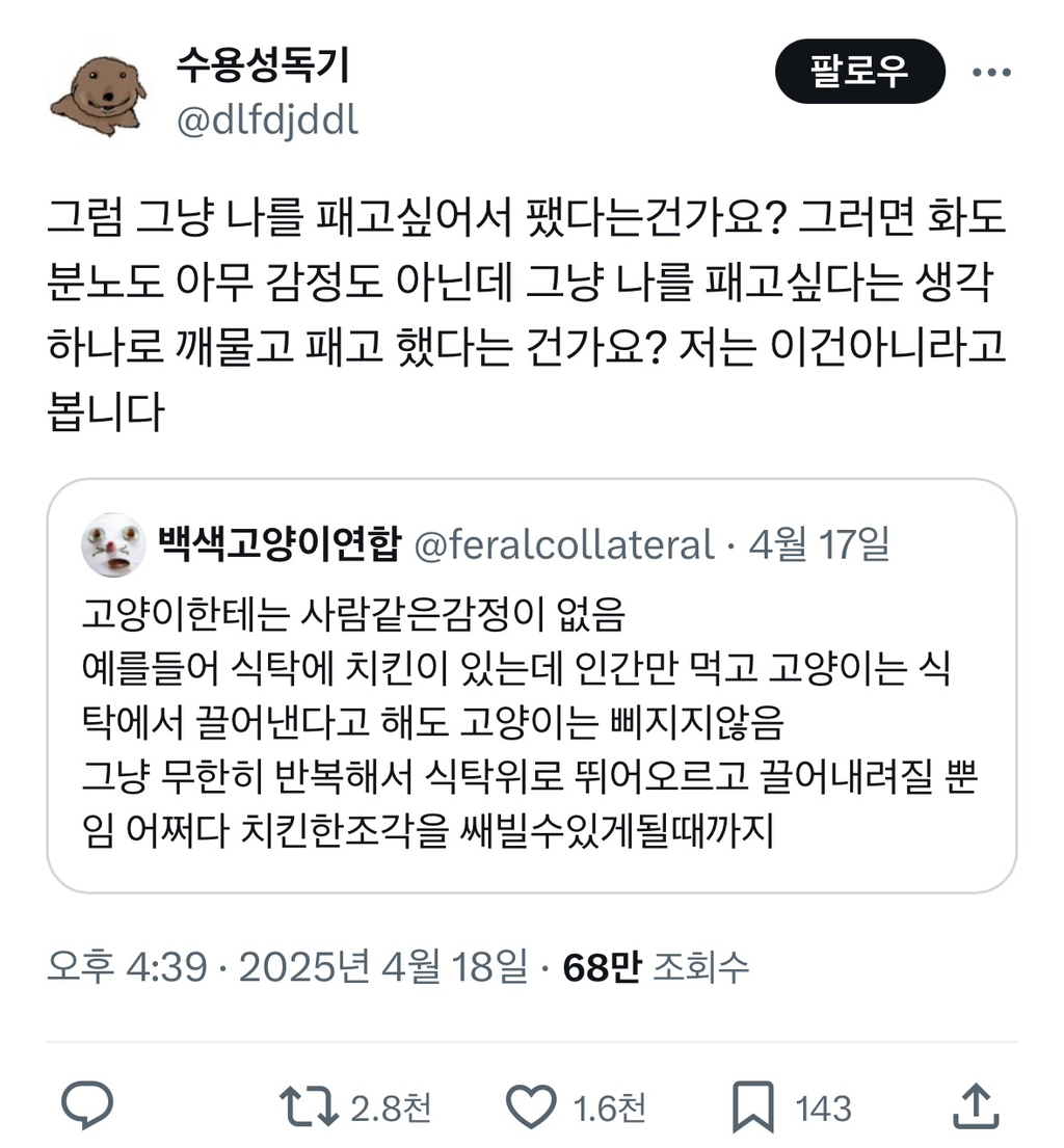  고양이한테 맞았다면 그건 그 순간 패고싶은 마음이 들어서 갈긴 거라고1