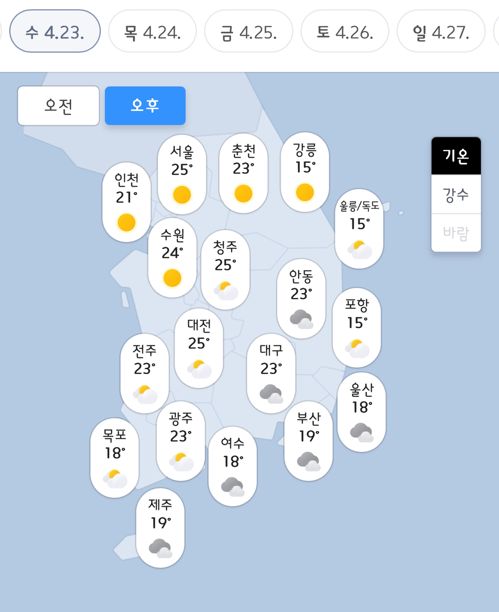  수욜 오후~다음주 월욜 날씨