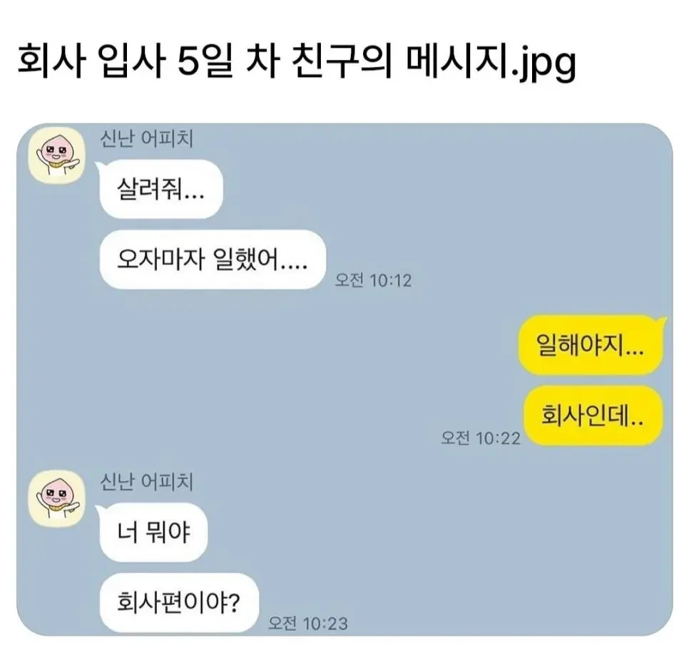  회사 입사 5일차 친구의 카톡1