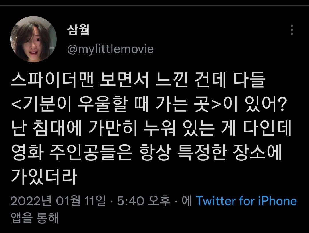  스파이더맨 보면서 느낀건데 다들 기분이 우울할 때 가는 곳이 있어?