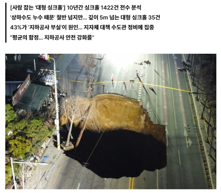  대형 싱크홀 원인 헛짚었다… 지하공사탓 최다인데 &apos;누수 점검&apos;만