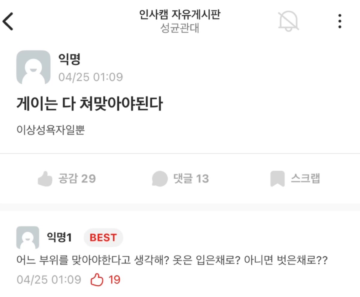 게이는 다 쳐 맞아야한다는 성균관대생 | 인스티즈