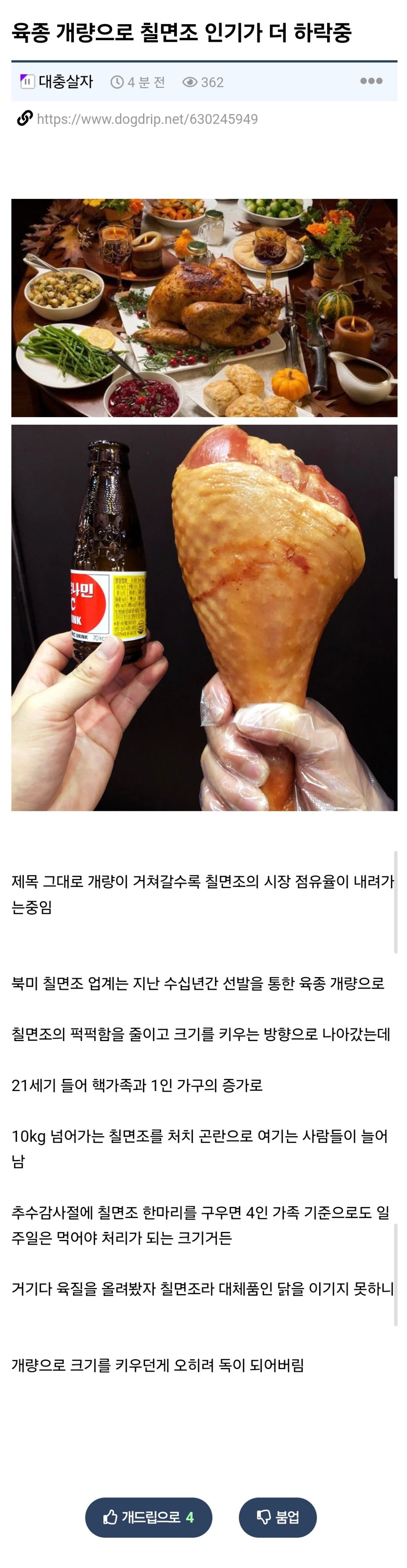  육종 개량으로 칠면조 인기가 더 하락중