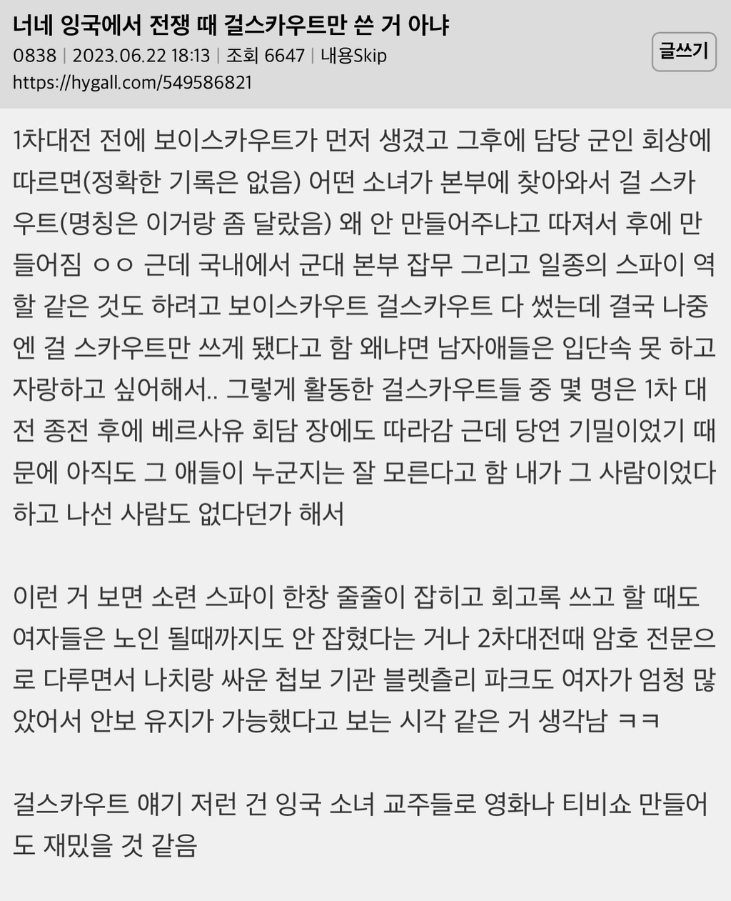  너네 영국에서 전쟁 때 걸스카우트만 쓴 거 아냐