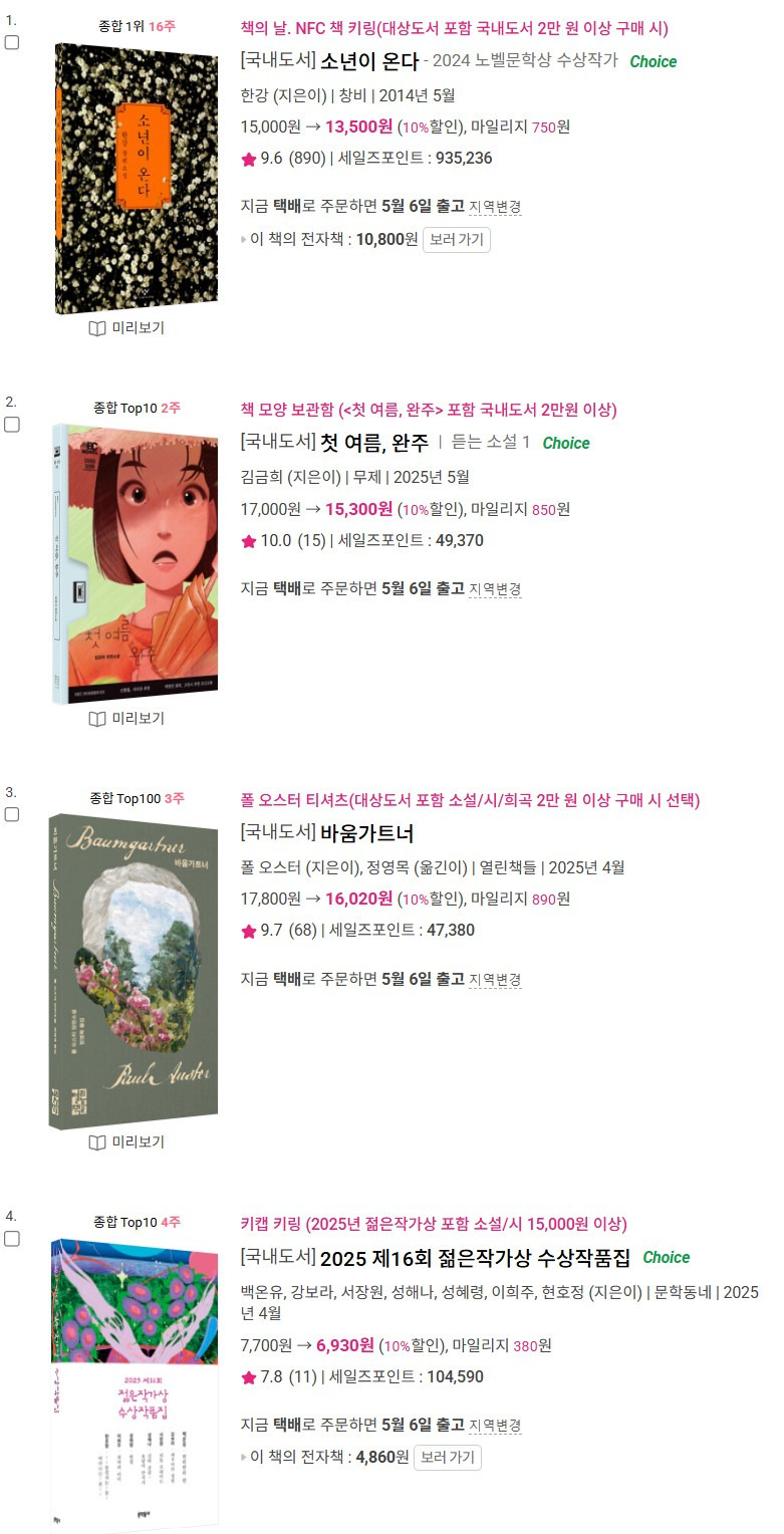  알라딘 소설 주간 베스트셀러