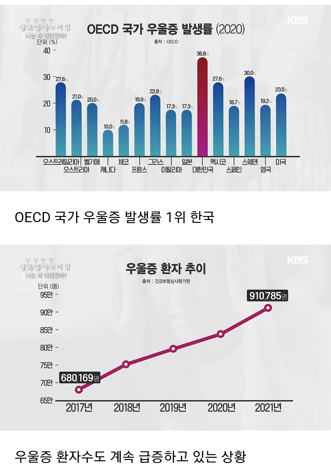  OECD 국가 중 우울증 발생률 1위